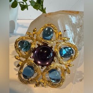 Vintage Ivana Trump Blue & Purple Cabochon Gold Tone 1990’s Brooch/Pendant
